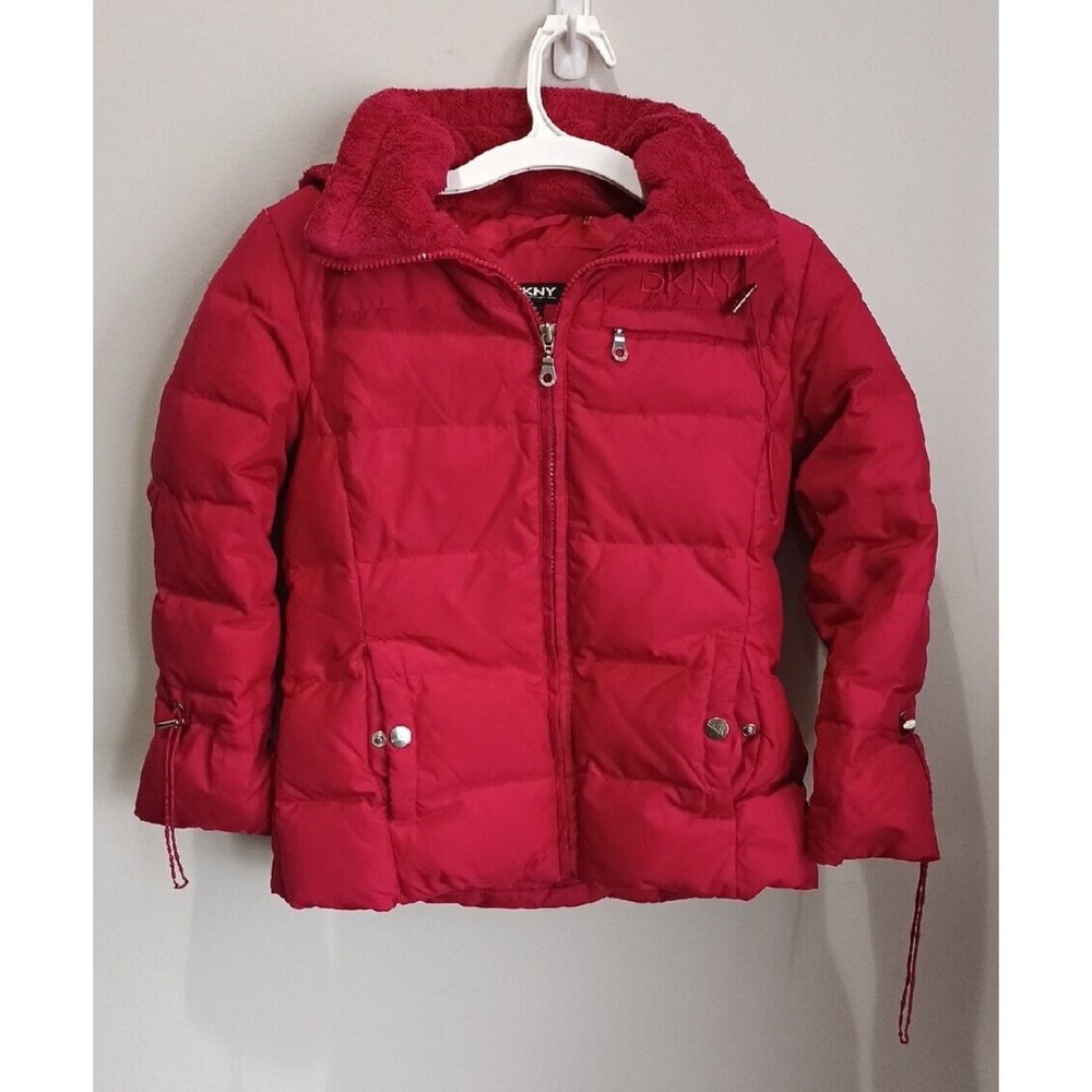 DKNY Girls Pink Puffer Jacket Size Small Detachable Hood Drawstring Sleeves